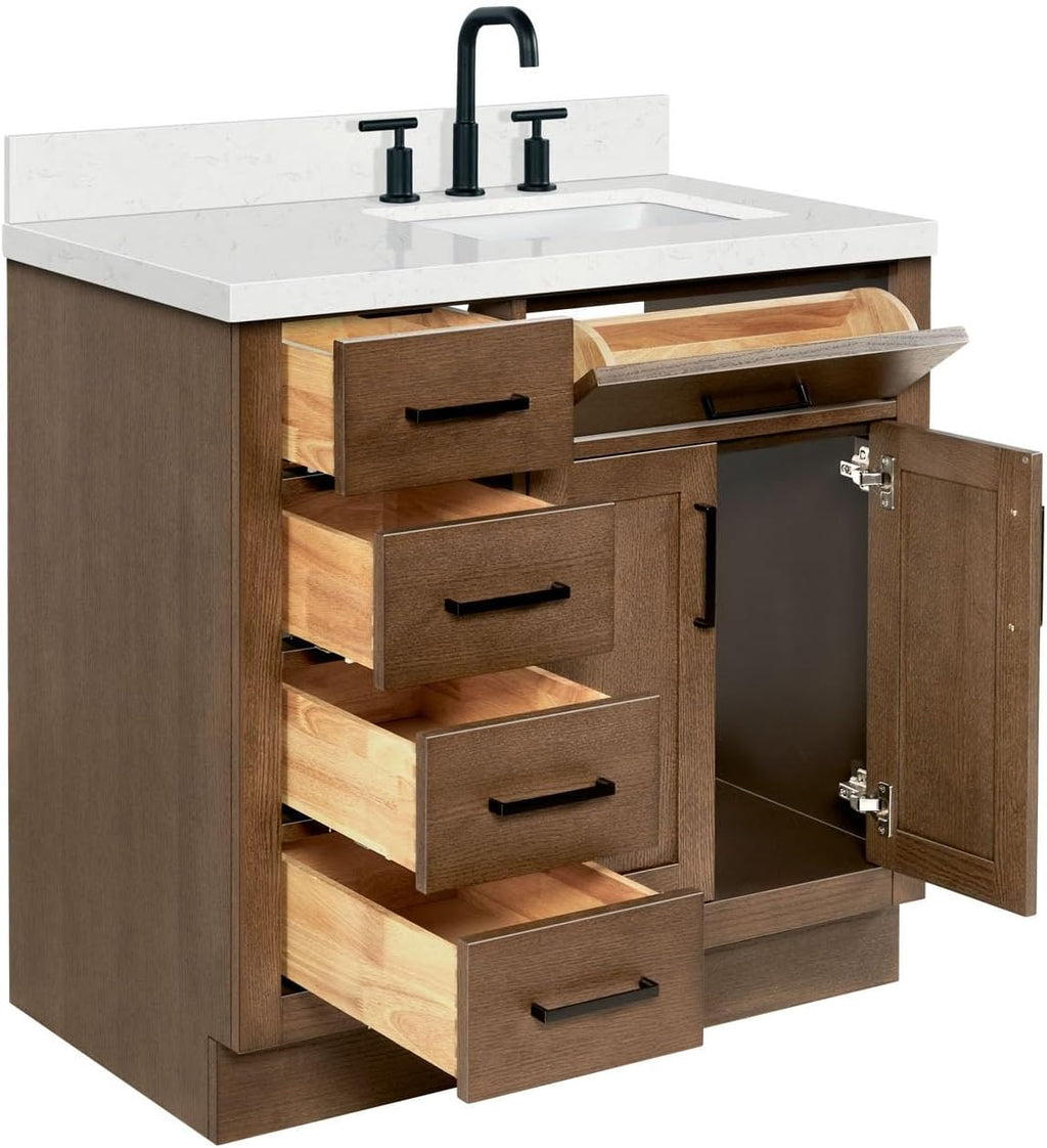 ARIEL Hepburn 36-inch Bathroom Vanity with Sink,Solid Wood, 1.5-inch Carrara White Quartz Countertop, Single Rectangular Porcelain Sink, 2 Soft Closing Doors, 5 Dovetail Drawers, Brown Oak