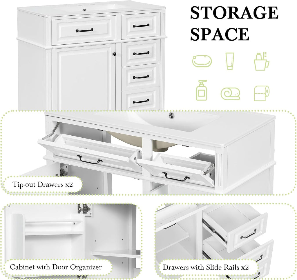 36' Bathroom Vanities Cabinet with Ceramic Sink Top, Tip-Out Drawers and Door Shelf, Soft-Closing Door, Solid Wood Legs, White
