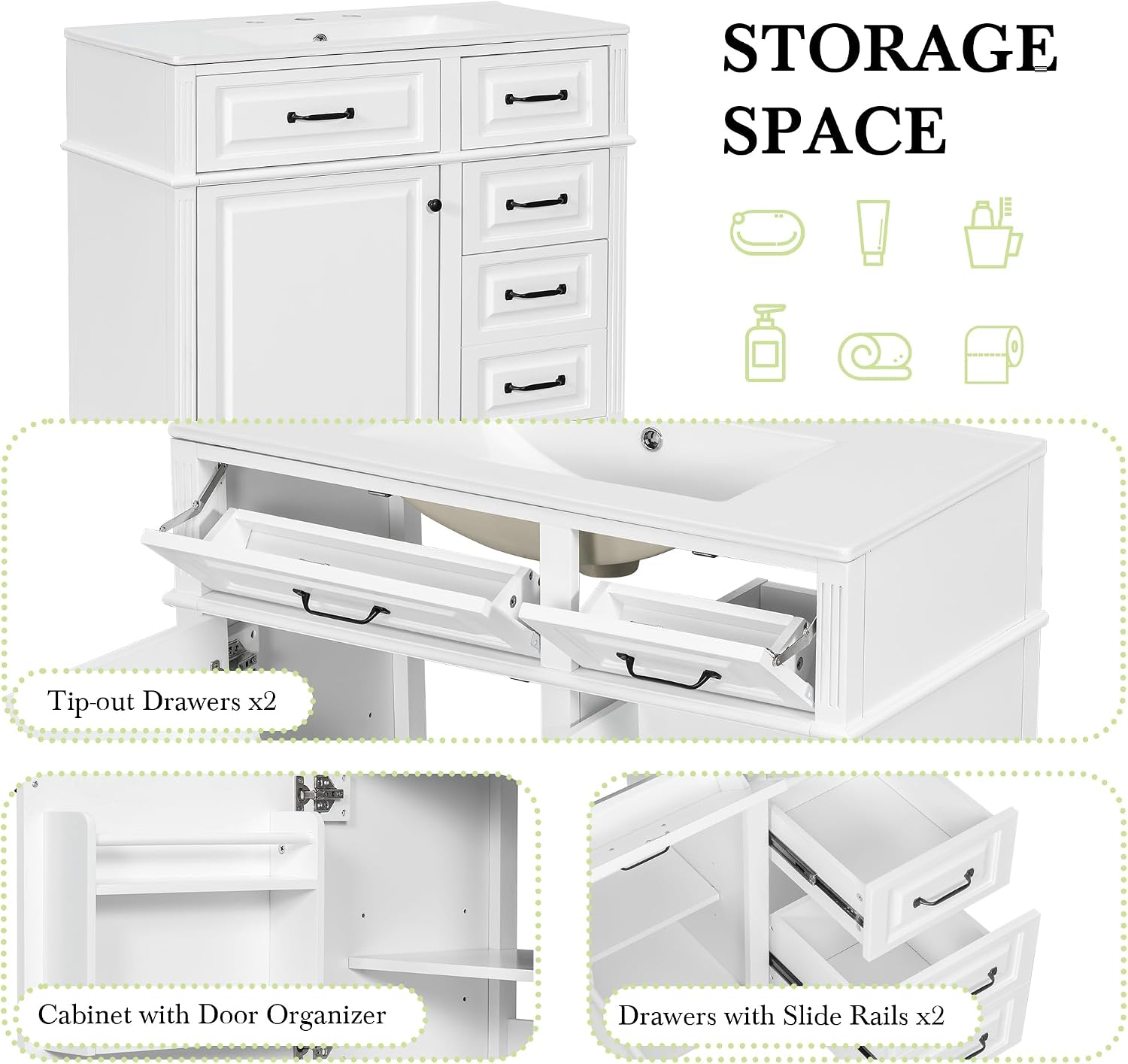 36' Bathroom Vanities Cabinet with Ceramic Sink Top, Tip-Out Drawers and Door Shelf, Soft-Closing Door, Solid Wood Legs, White