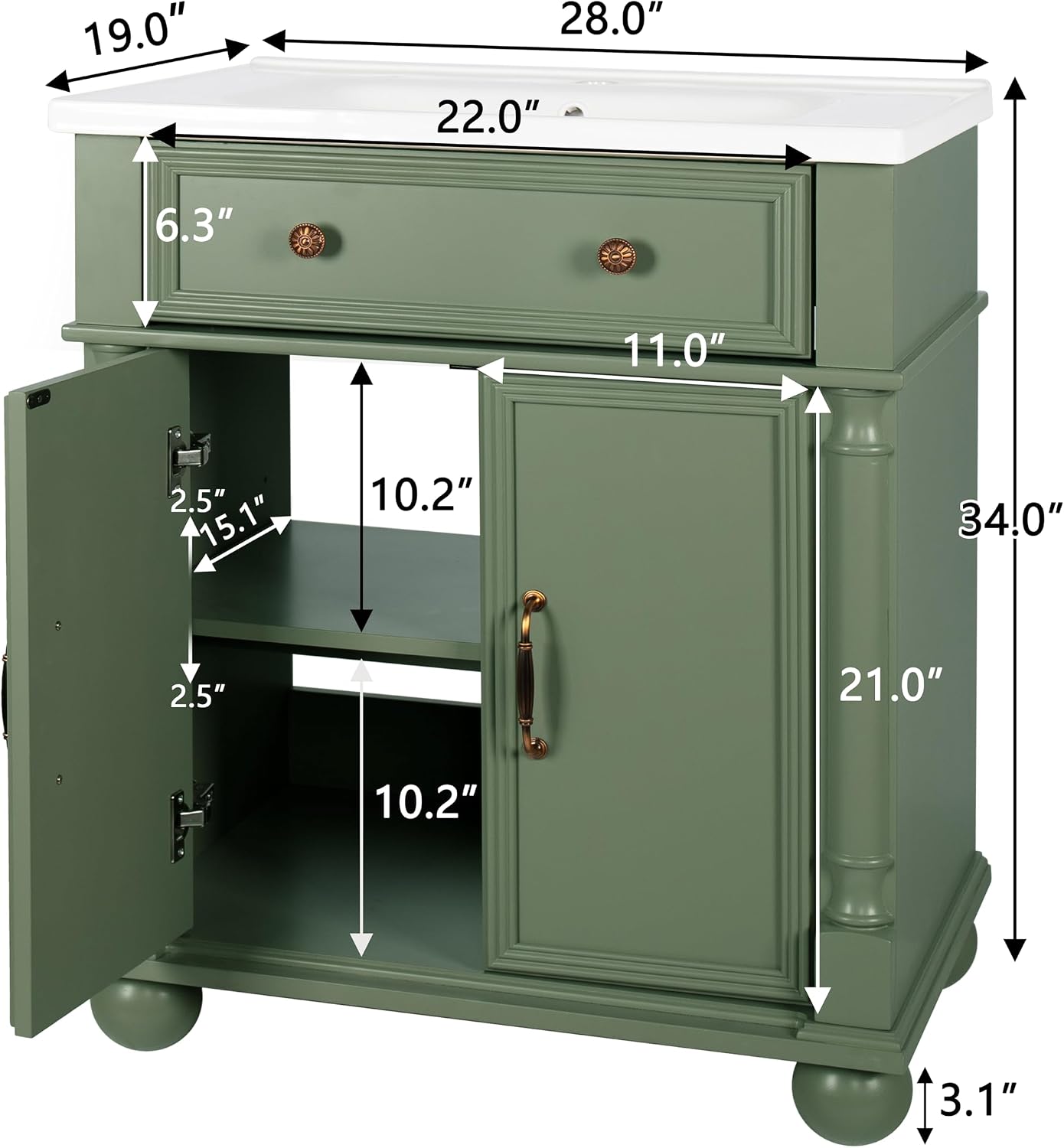 28 Inch Mid-Century Bathroom Vanity with Sink, Green Solid Wood Frame with Roman Column Base, Freestanding Cabinet with Metal Handles and Storage (Green)