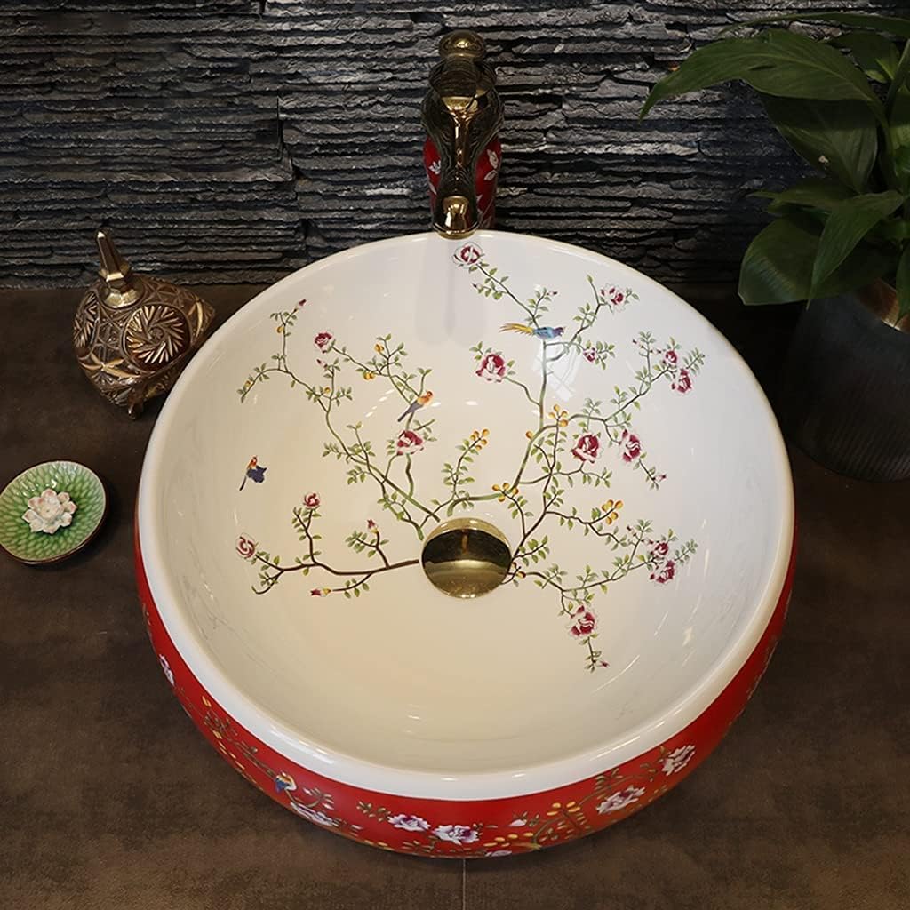 Bathroom Bar Vanity Vessel Sinks Above Counter Vanity Sink Tops Chinese Ceramic Lowes Bathroom Vanities Individual Flower and Bird Art Basin,42 * 15Cm,Redset,42 * 15cm