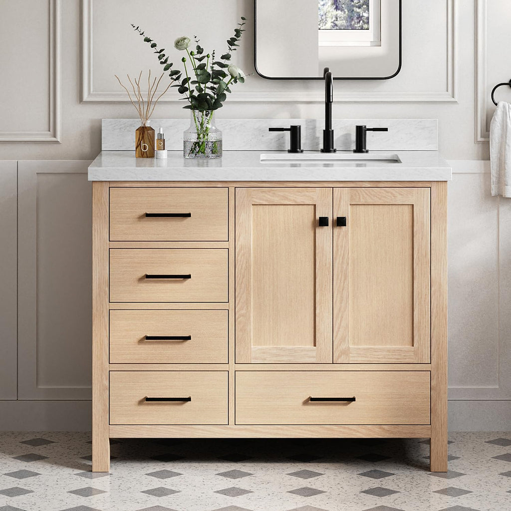 DKB Beckford 42-Inch Oak Bathroom Vanity with Sink, Italian Carrara Marble Countertop & 4' Backsplash, Soft Closing Door & Drawer, Matte Black Hardware