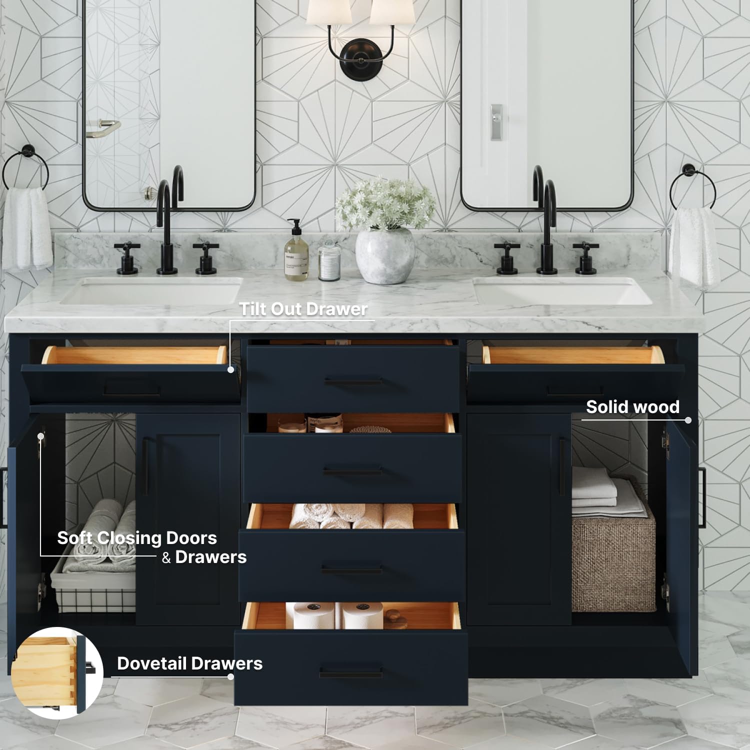 ARIEL Hepburn 66-inch Bathroom Vanity with Sink,Solid Wood, 1.5-inch Italian Carrara Marble Countertop, Double Rectangular Porcelain Sink, 4 Soft Closing Doors, 6 Dovetail Drawers, Midnight Blue
