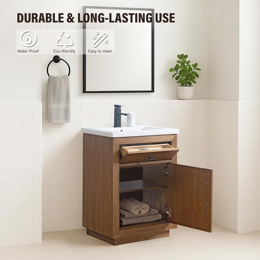 HOMEBEYOND 24' Bathroom Vanity with Single Sink & Ceramic Top, MDF Material Vanity Cabinet with Basin Combo, Soft-Closing Doors, Removable Shelf, Backsplash,Tan