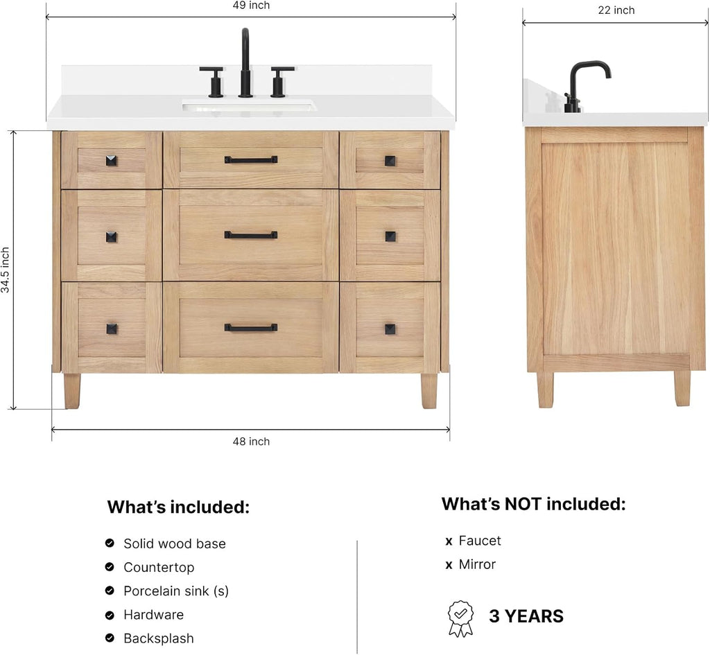 ARIEL Monroe 48-inch Bathroom Vanity with Sink,Solid Wood, 1.5-inch Pure White Quartz Countertop & Backsplash, Single Rectangular Porcelain Sink, 9 Dovetail Drawers, Matte Black, White Oak