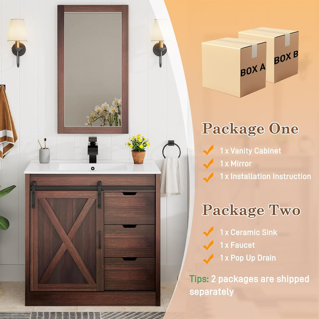 chartustriable 36 Inch Bathroom Vanity with Sink & Faucet & Mirror, Farmhouse Bathroom Vanity Cabinet Set with Sliding Barn Door & Drawers, Small Single Bath Storage Vanity Sink, Brown