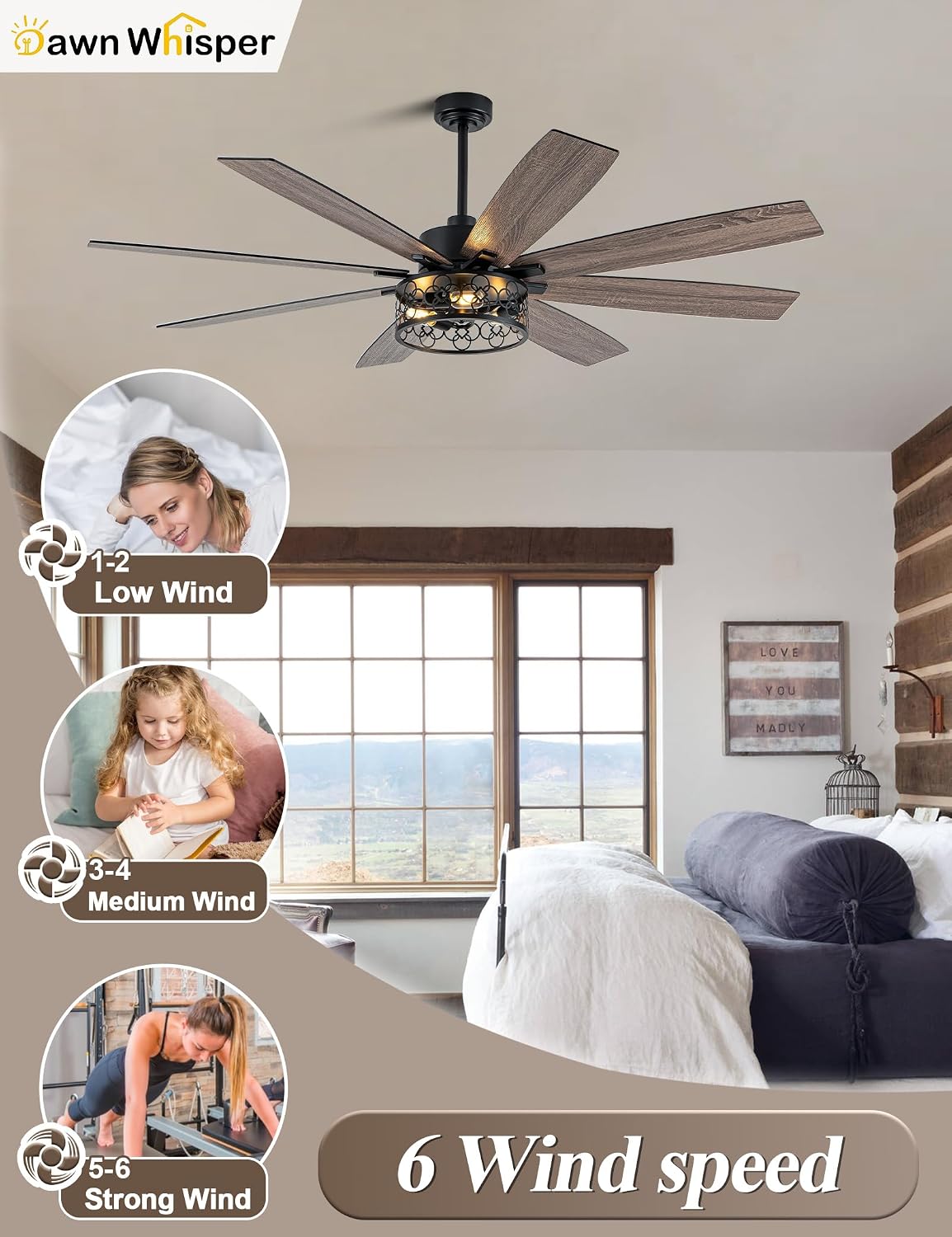 Dawn Whisper Farmhouse 72 Inch Ceiling Fans with Lights and Remote Quiet and Reversible DC Motor Black Industrial Rustic Caged Ceiling Fan for Bedroom Living Room Covered Patio