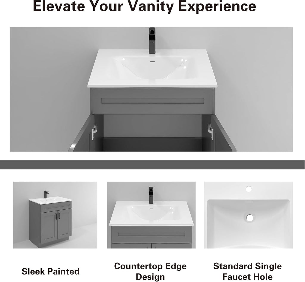 36' Grey Shaker Bathroom Vanity with Sink – Solid Surface One-Piece Top, Soft-Close Doors, Polyurethane Nano Resin Sink, Pre-Drilled Faucet Hole, Modern Bath Vanity Cabinet Set