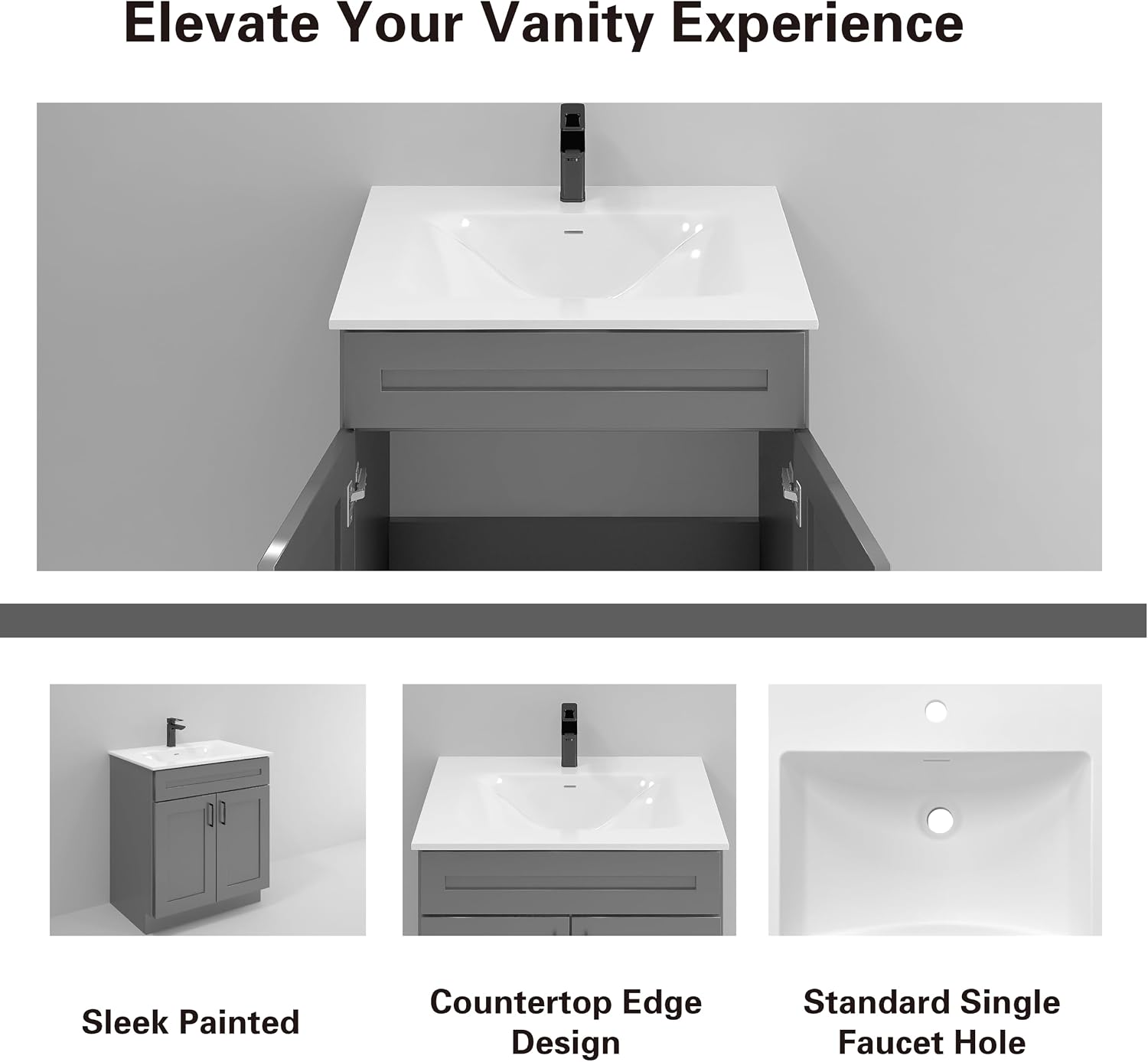 36' Grey Shaker Bathroom Vanity with Sink – Solid Surface One-Piece Top, Soft-Close Doors, Polyurethane Nano Resin Sink, Pre-Drilled Faucet Hole, Modern Bath Vanity Cabinet Set
