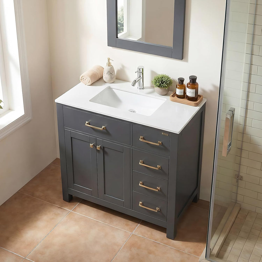 36 inch Bathroom Vanity with Sink Countertop Mirror Faucet Modern Grey | Freestanding bathroom vanity cabinet, ceramic single sink combo