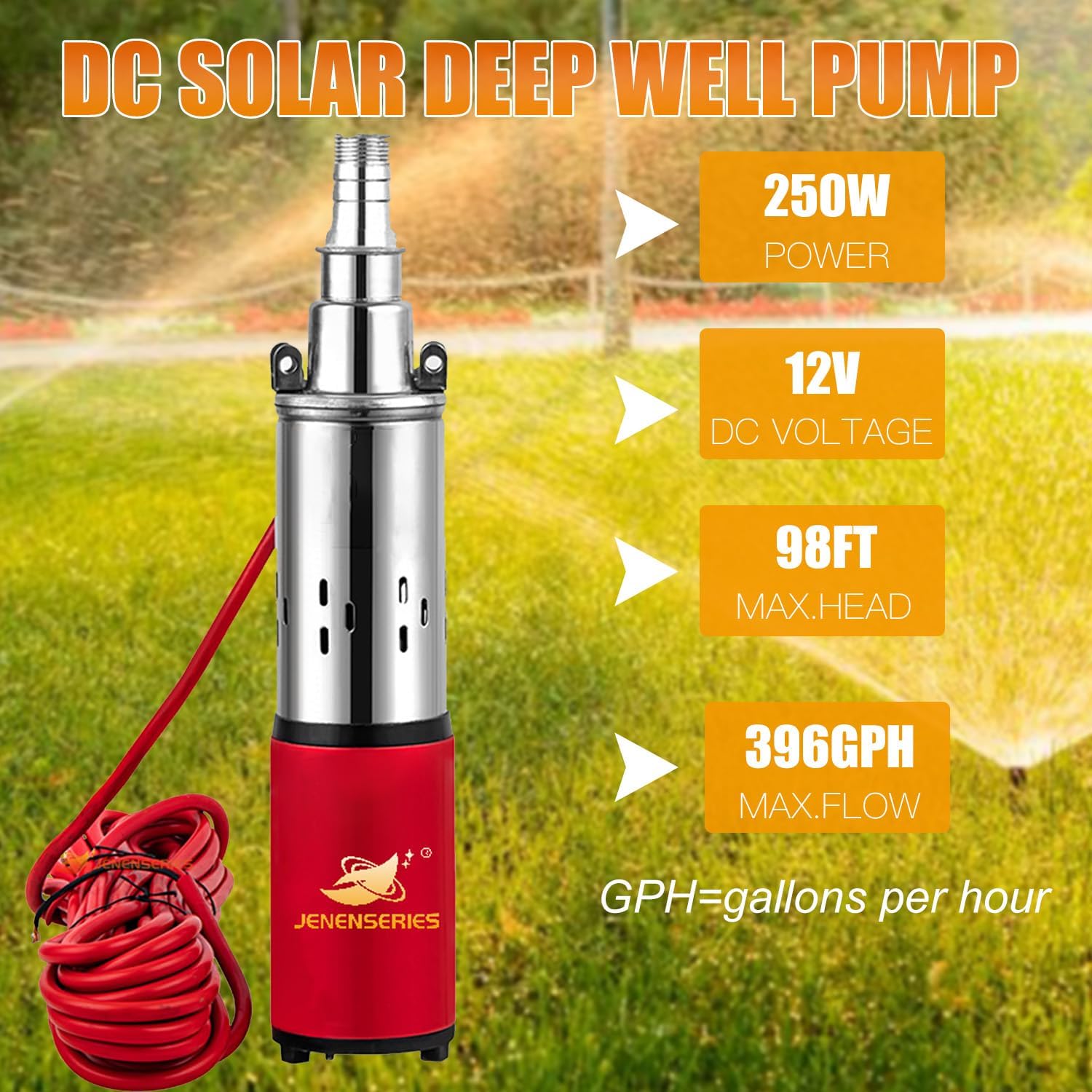 12V Deep Well Submersible Pump solar DC 250W Electric Powered Water Pump kits with 1' Outlet Screw Pump max.98ft Lift,396GPH Flow, for Irrigation Agricultural Garden Home