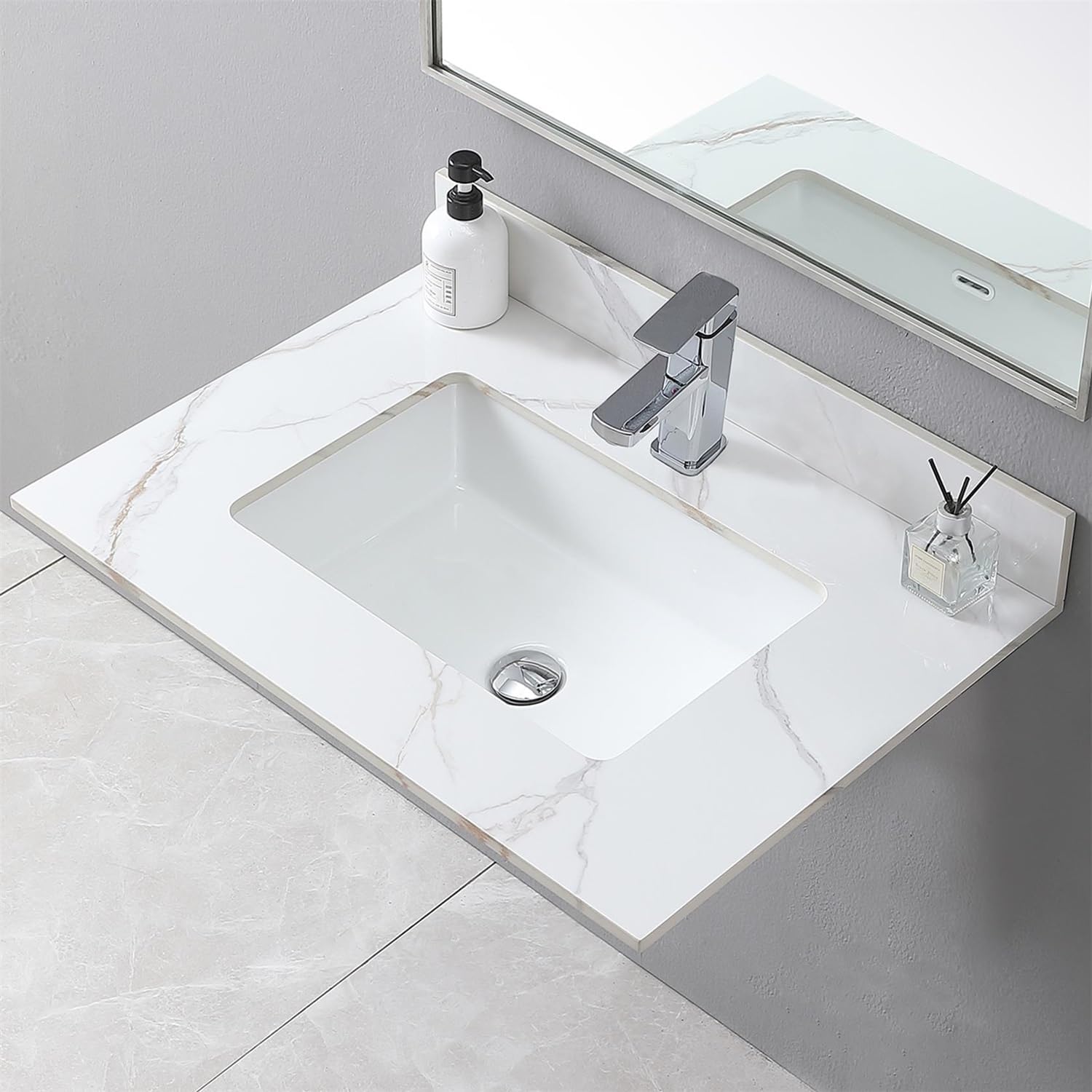 31' Bathroom Vanity Top with Ceramic Undermount Sink & Backsplash,Carrara Gold Sintered Stone Counter Top, Single Hole Vanity Sink Top