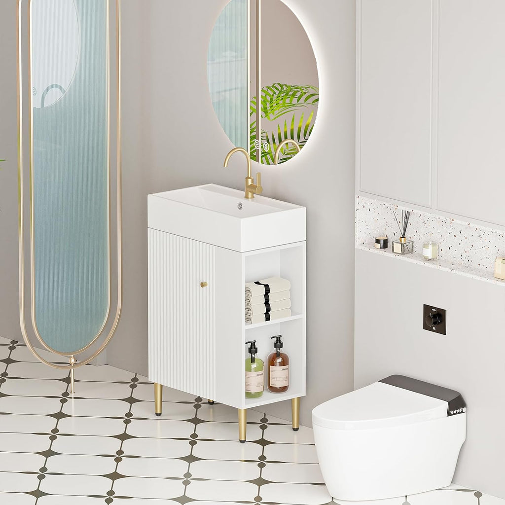 21.6 Inch Bathroom Vanity with Sink, Vanities with Square Ceramic Sink Top and Right Side Storage, Combo Stand Storage Cabinet Set for Small Bathroom (White)