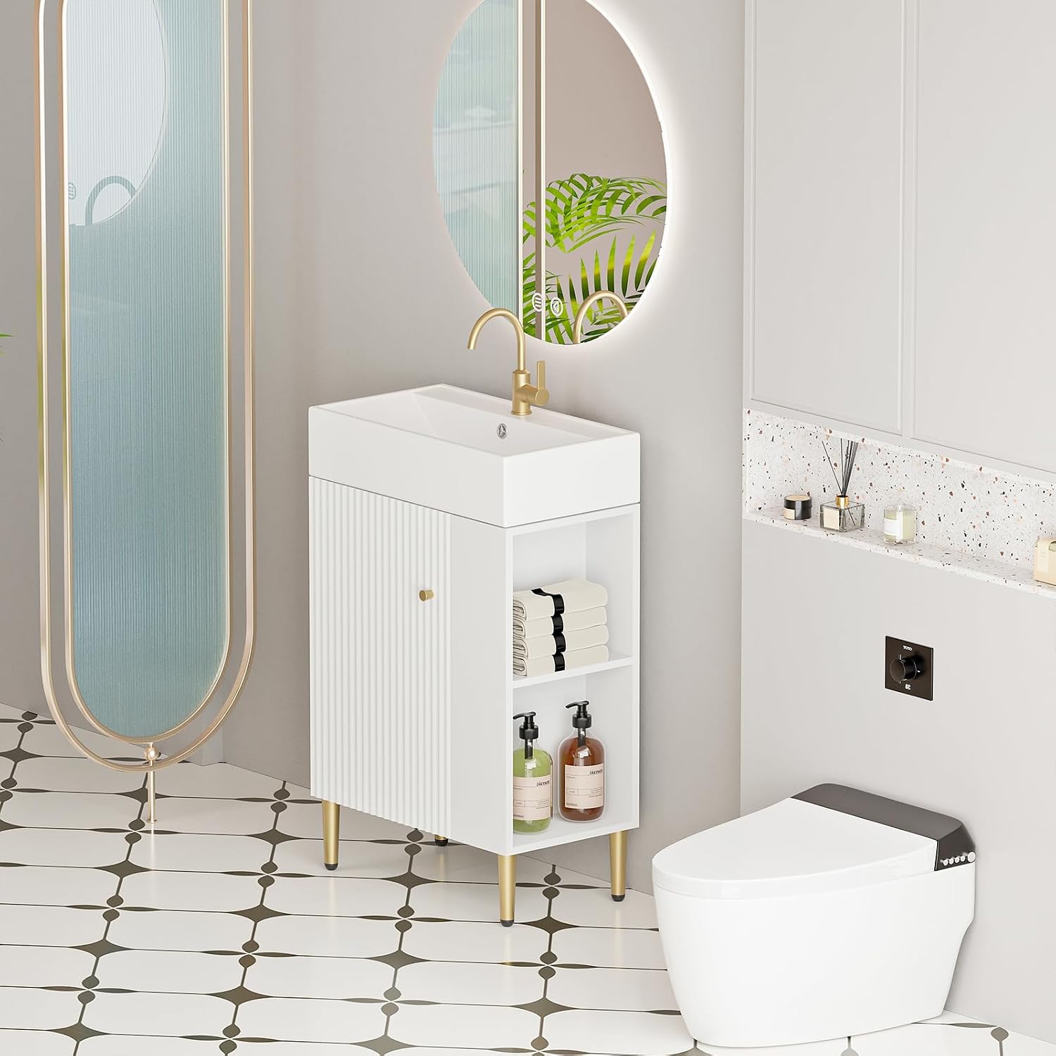 21.6 Inch Bathroom Vanity with Sink, Vanities with Square Ceramic Sink Top and Right Side Storage, Combo Stand Storage Cabinet Set for Small Bathroom (White)