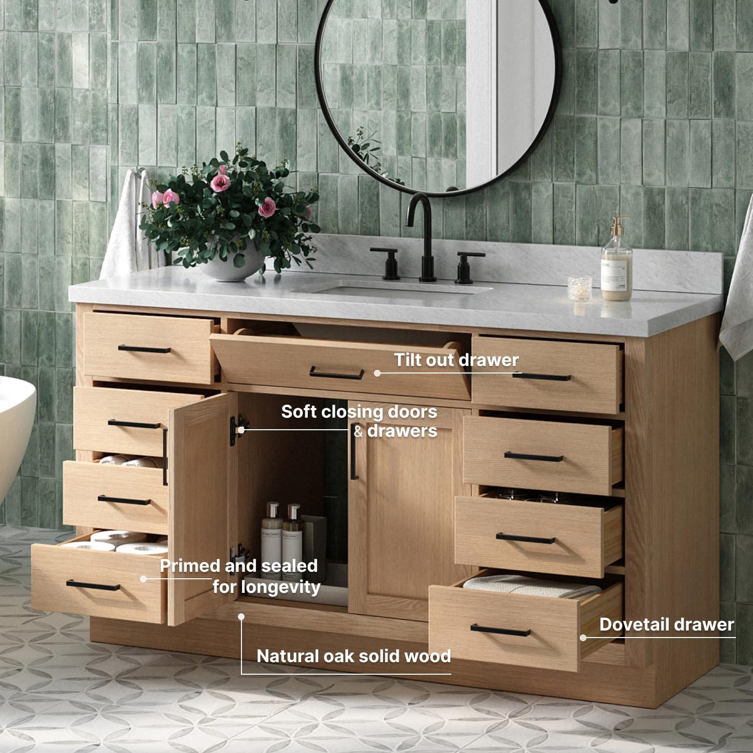 ARIEL Hepburn 60-inch Bathroom Vanity with Sink,Solid Wood, 1.5-inch Italian Carrara Marble Countertop, Single Rectangular Porcelain Sink, 2 Soft Closing Doors, 9 Dovetail Drawers, White Oak