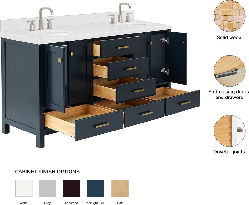 ARIEL Cambridge 66-inch Bathroom Vanity with Sink,Solid Wood, 1.5-inch Carrara White Quartz Countertop, Double Oval Porcelain Sink, 4 Soft Closing Doors, 6 Dovetail Drawers, Midnight Blue