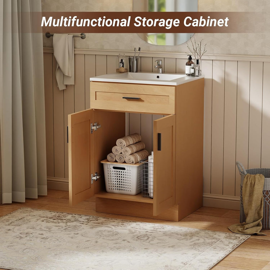 24 Inch Bathroom Vanity with Sink, Modern Storage Cabinet, Contains White Sink and Soft-Closing Door, Spacious Bathroom Storage Space (Nature with Sink, 24 Inch)
