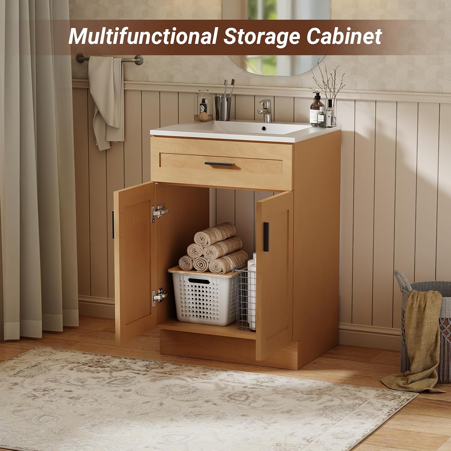 24 Inch Bathroom Vanity with Sink, Modern Storage Cabinet, Contains White Sink and Soft-Closing Door, Spacious Bathroom Storage Space (Nature with Sink, 24 Inch)