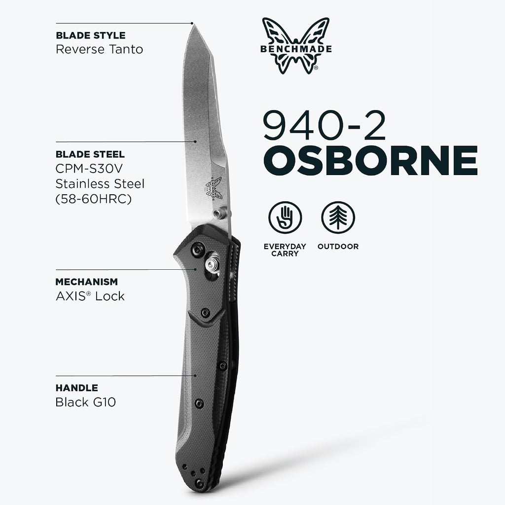 Benchmade - Osborne, Every Day, Outdoor, Folding Knife, Reverse Tanto Blade with Black G10 Handle (940-2)
