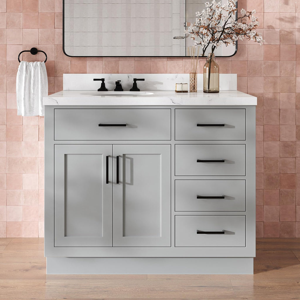 DKB Isabella 42-Inch Gray Bathroom Vanity with Sink, 1.5-Inch Carrara Quartz Countertop, Left Oval Undermount Sink, Solid Wood, 2 Soft-Closing Doors, 5 Full Extension Dovetail Drawers, Toe Kick