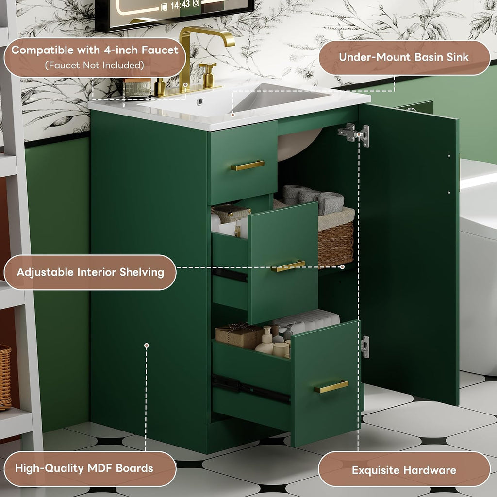 Merax Modern Linear 24' Bathroom Vanity with Sink, Powder Room Small Bathroom Vanity with Storage Cabinet and 2 Drawers, Adjustable Shelf, Ceramic Sink Top, Painted Finish