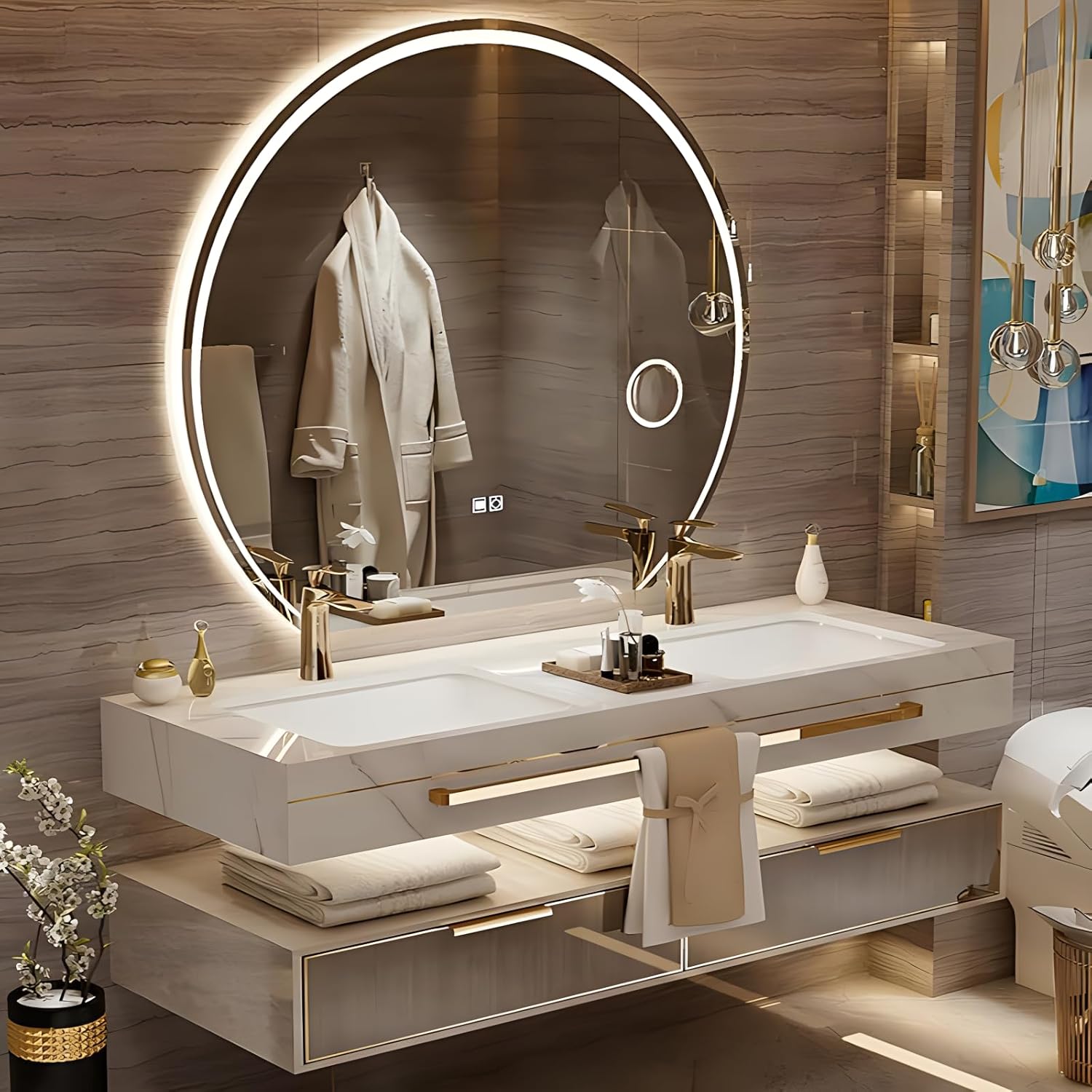 56 Inch Luxury Bathroom Vanity, Floating Bathroom Vanity with Sink and LED Round Smart Defogger Mirror, Multilayer solid wood Spacious Storage Drawer Include Faucet and Drain Fittings,Double Sink