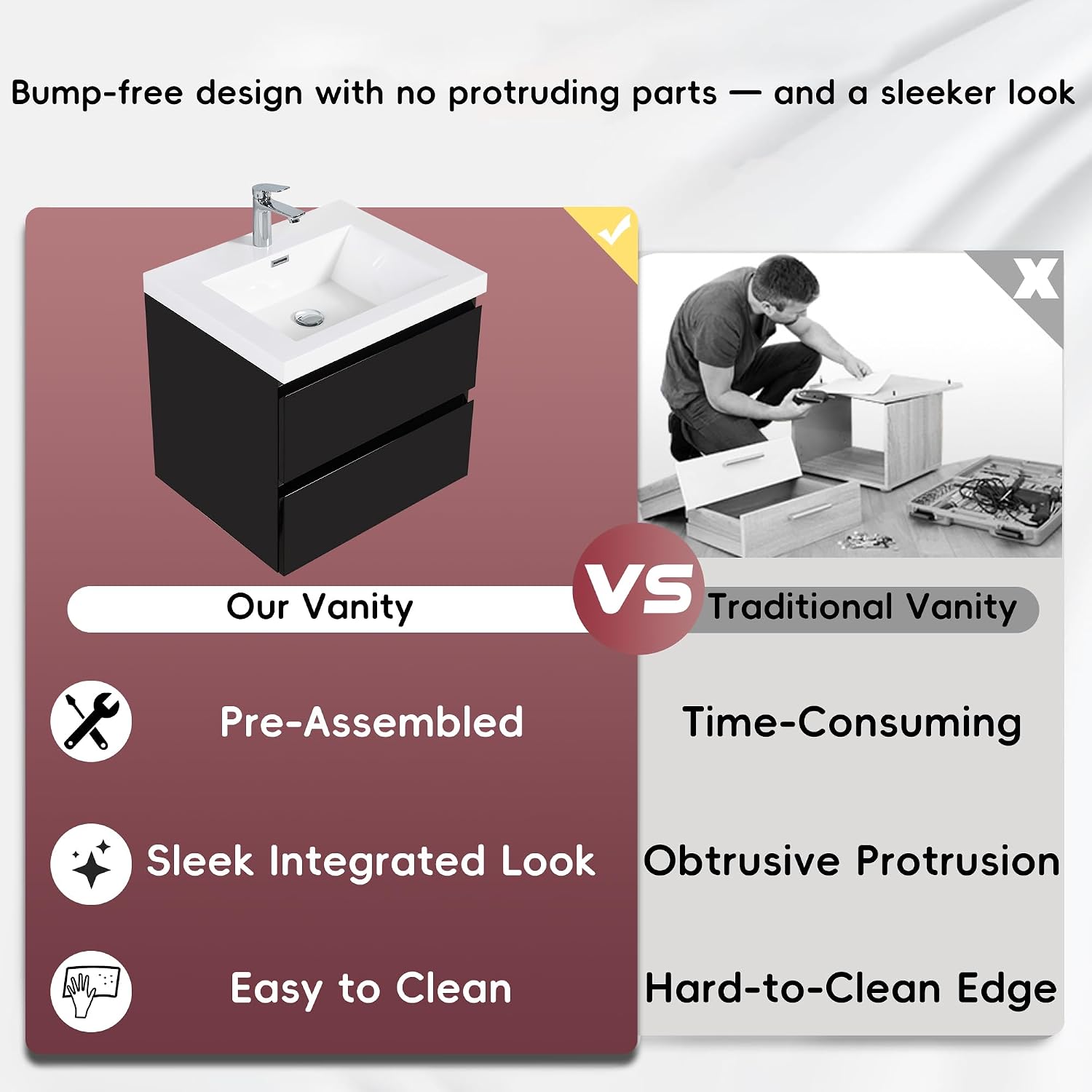 Neftis 24-Inch Floating Vanity with Sink, Pre-Assembled Modern Bathroom Vanity Sink Combo with Storage, Soft-Closing Drawers, One-piece Countertop White Resin Sink, Glossy Black Vanity for Bathroom