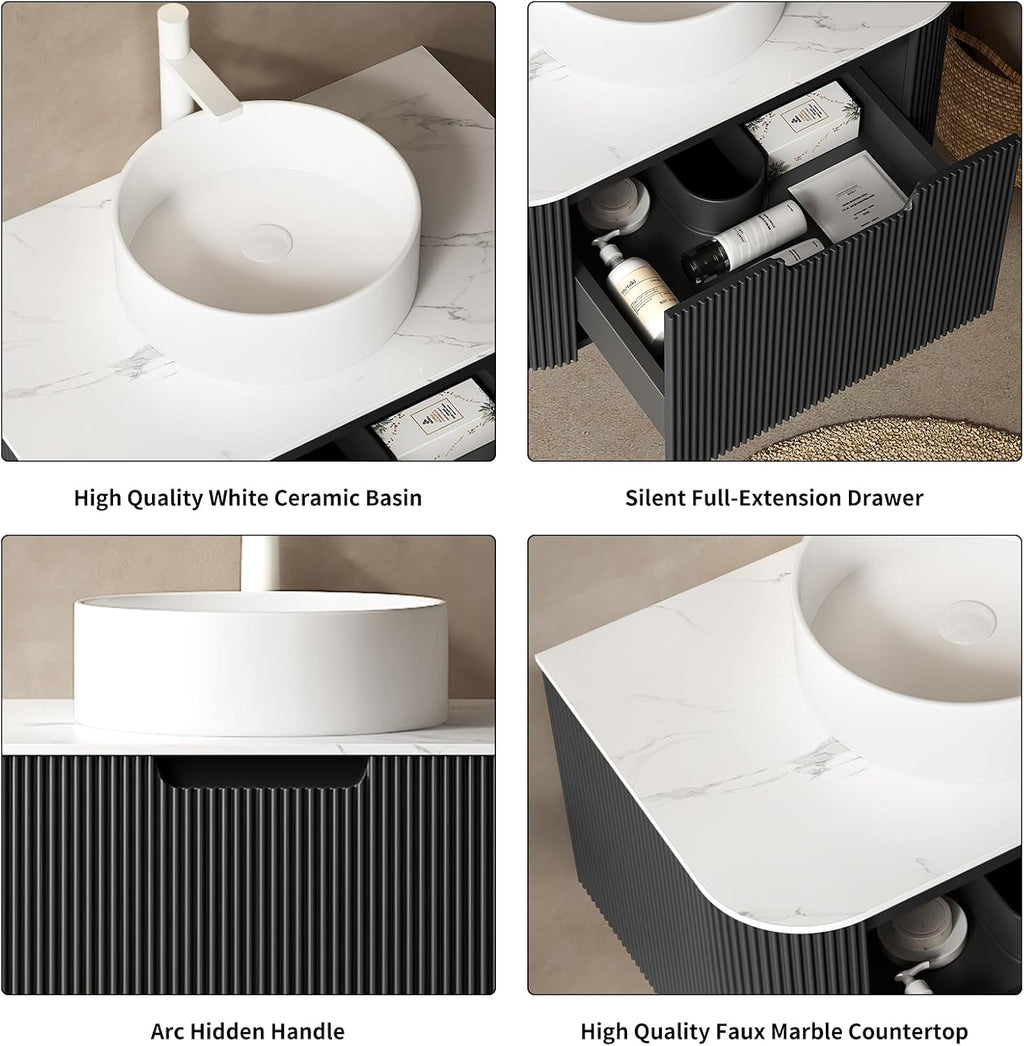 Yayzy 24' Floating Bathroom Vanity with Sink, Solid Wood Fluted Cabinet, White Round Ceramic Basin & Faux Marble Top, Soft-Close Drawer, Pre-Assembled, Gloss Black