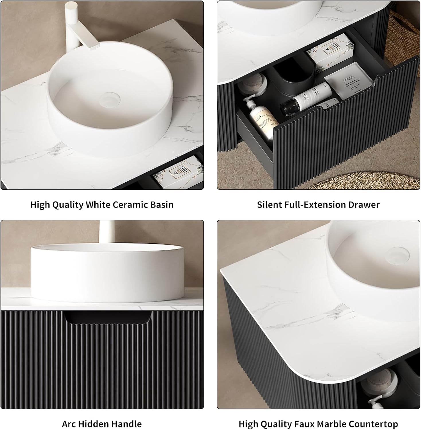 Yayzy 24' Floating Bathroom Vanity with Sink, Solid Wood Fluted Cabinet, White Round Ceramic Basin & Faux Marble Top, Soft-Close Drawer, Pre-Assembled, Gloss Black