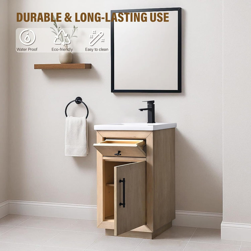HOMEBEYOND 20 Inch Bathroom Vanity with Single Sink & Ceramic Top, MDF Material Vanity Cabinet with Basin Combo, Soft-Closing Doors, Removable Shelf, Backsplash