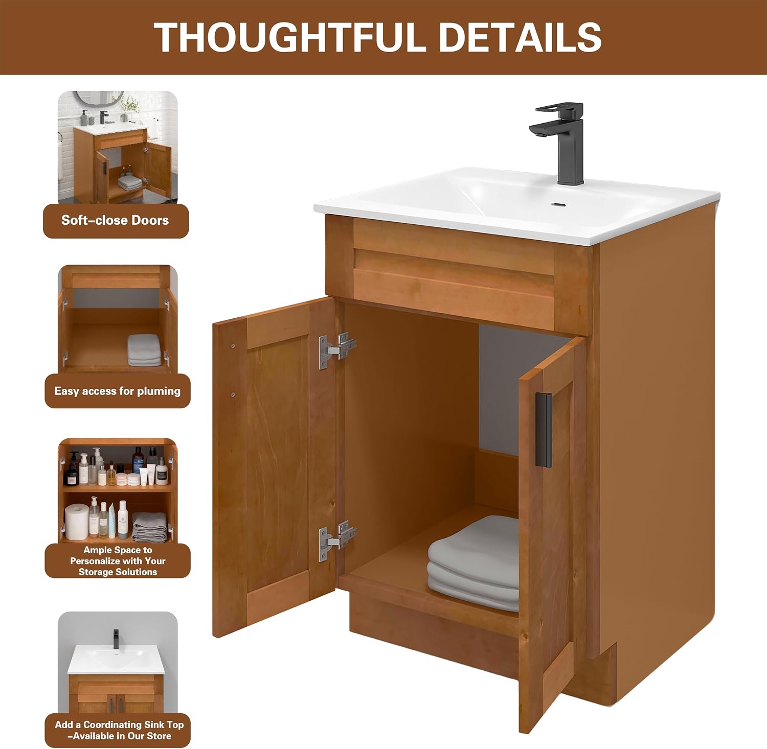 Maple Shaker Sink Base Bathroom Vanity 24'/30'/36' Width (24' Width)