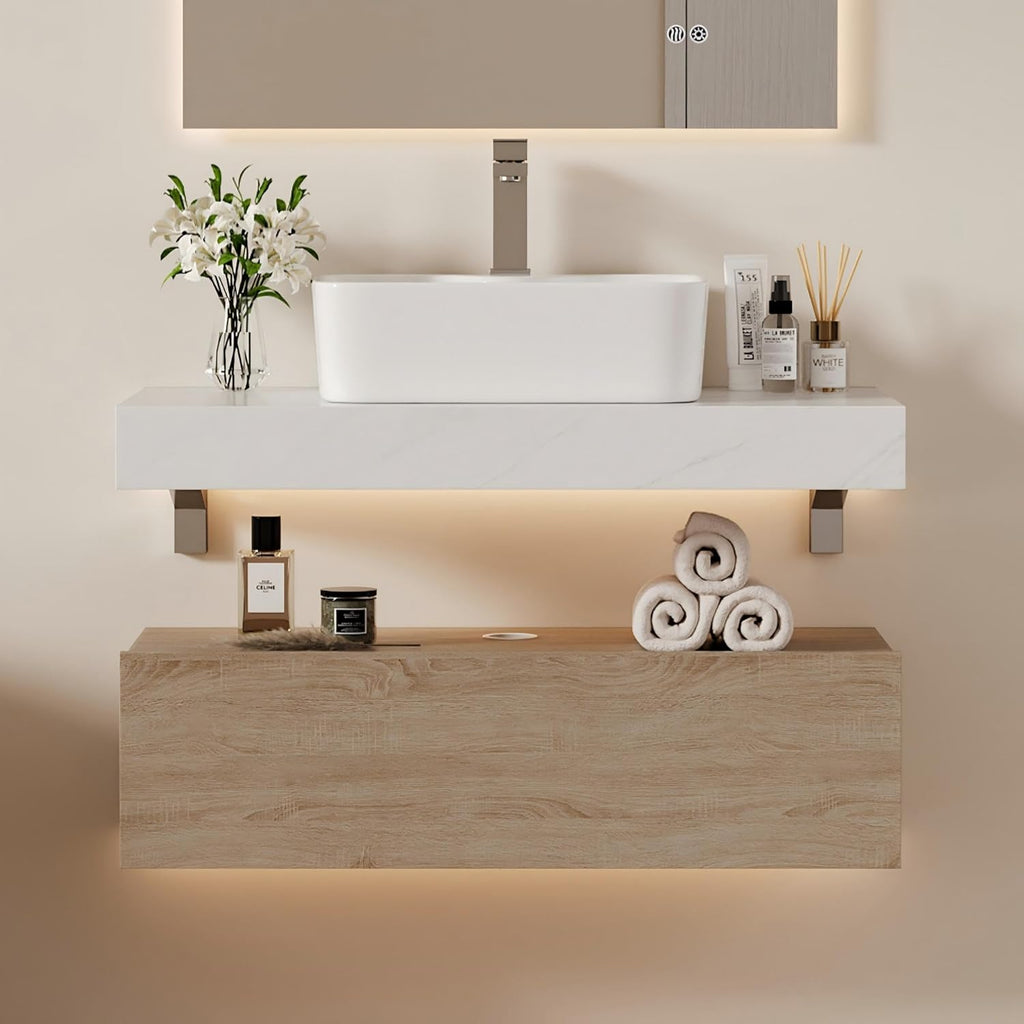 homary 35' Floating Bathroom Vanity with Sink, Wall Mounted Bathroom Vanity with Sintered Stone Countertop, Ceramic Vessel Sink, 1 Drawer Storage, Modern Bathroom Cabinet for Small Bathroom, Natural