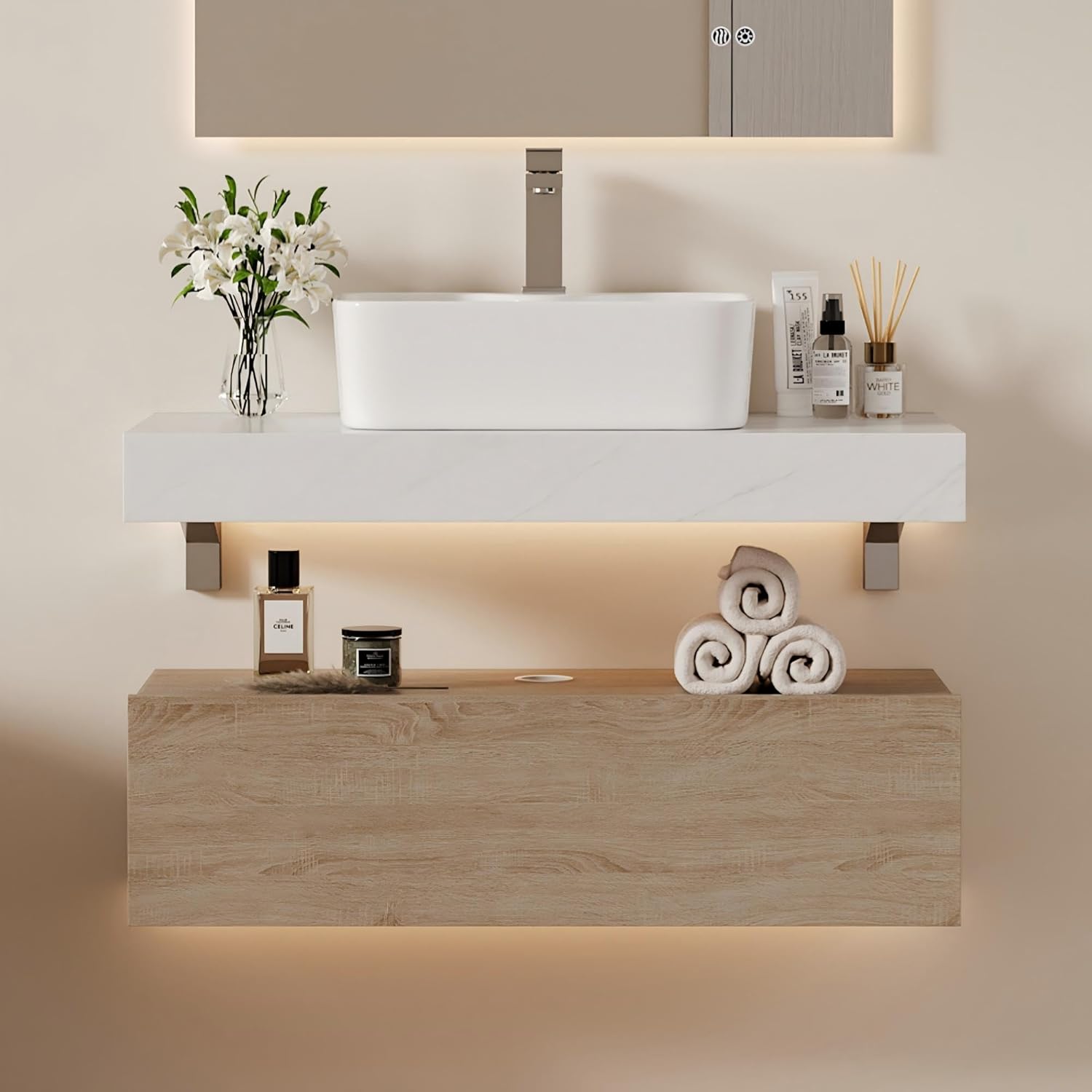 homary 35' Floating Bathroom Vanity with Sink, Wall Mounted Bathroom Vanity with Sintered Stone Countertop, Ceramic Vessel Sink, 1 Drawer Storage, Modern Bathroom Cabinet for Small Bathroom, Natural