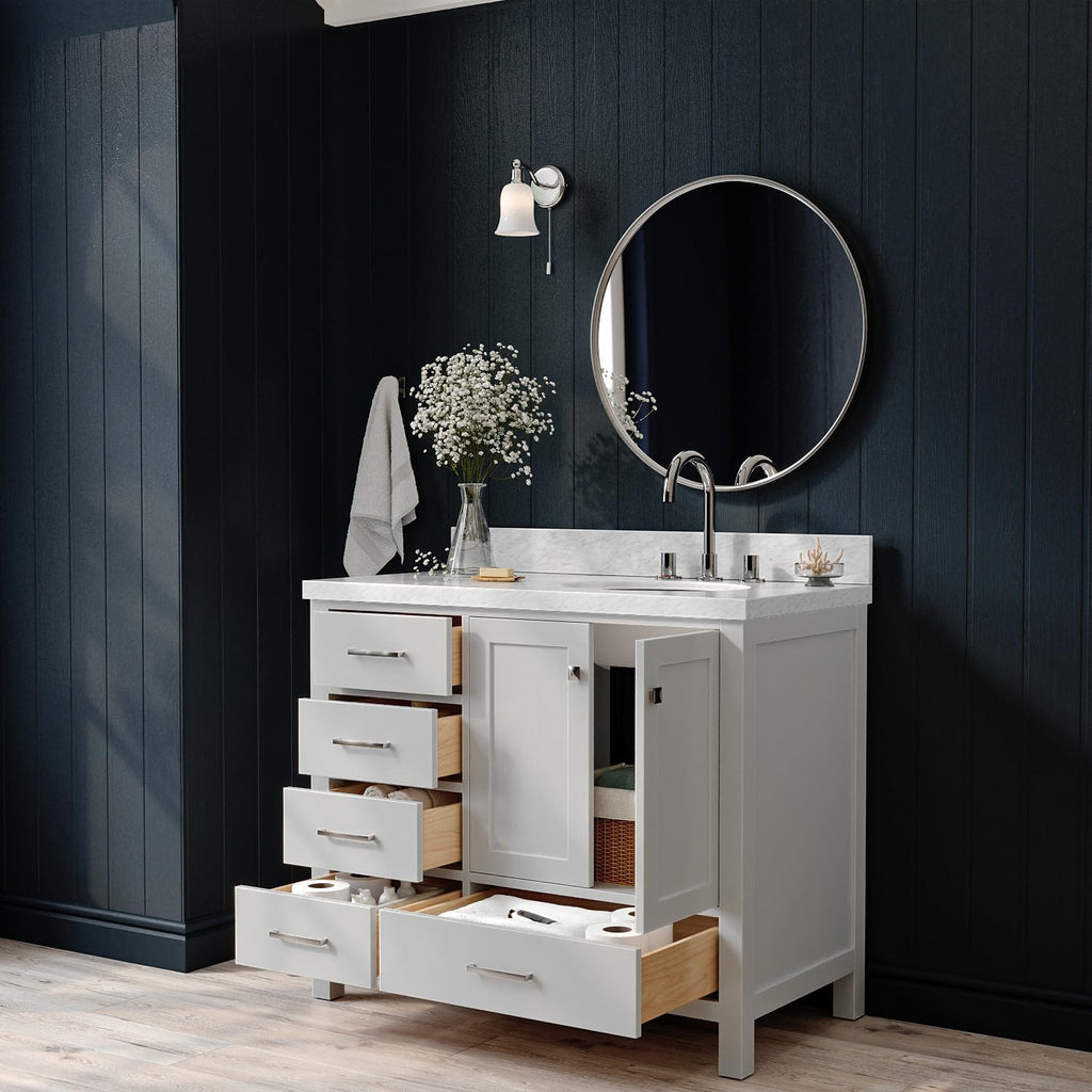 ARIEL Cambridge 42-inch Bathroom Vanity with Sink,Solid Wood, 1.5-inch Italian Carrara Marble Countertop & Backsplash, Single Oval Porcelain Sink, 2 Soft Closing Doors, 5 Dovetail Drawers, Grey