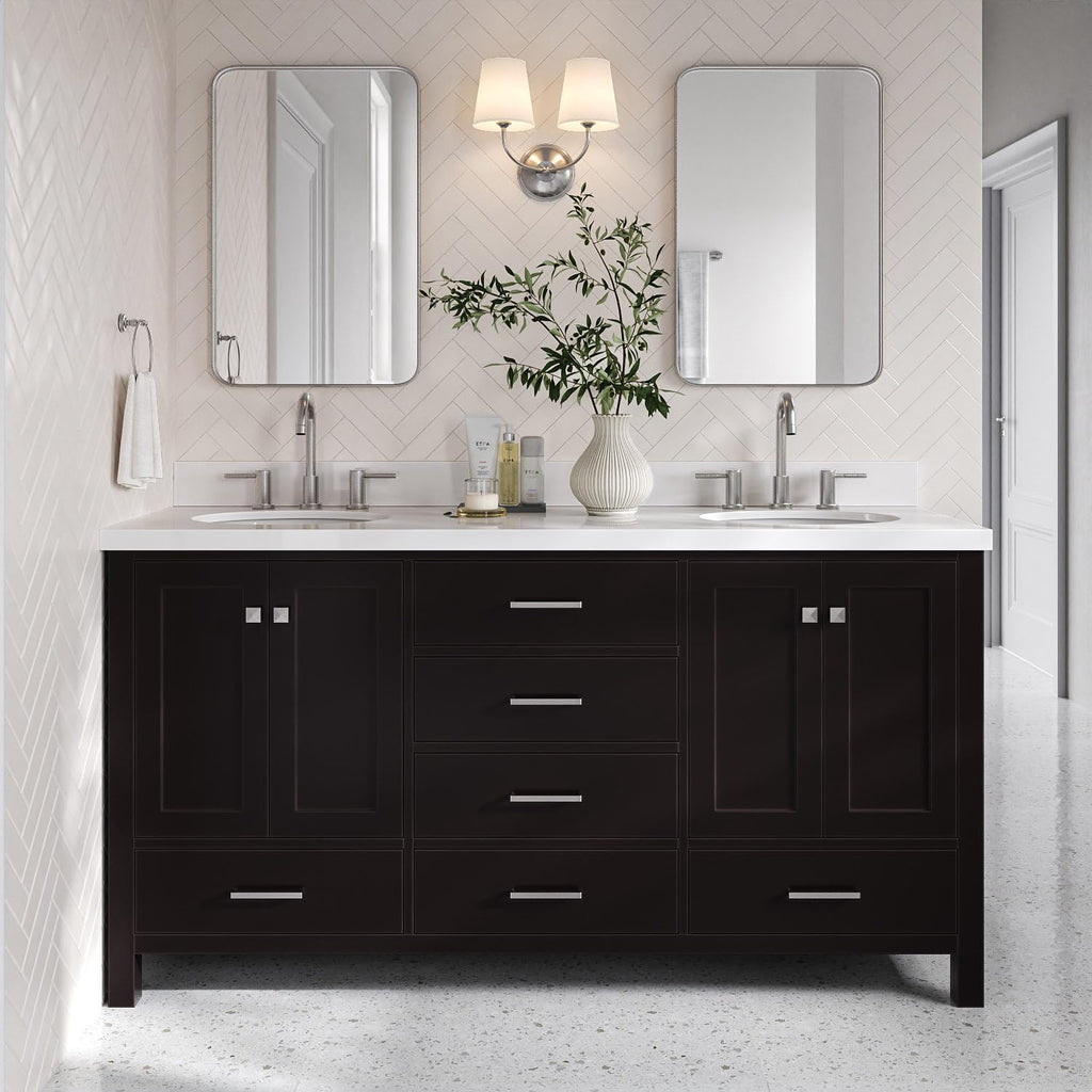 DKB Beckford 66-Inch Espresso Double Bathroom Vanity with 1.5-Inch Edge Pure White Quartz Countertop & Backsplash, 2 Oval Undermount Sinks, 4 Soft Closing Doors, 6 Dovetail Drawers, Brushed Nickel