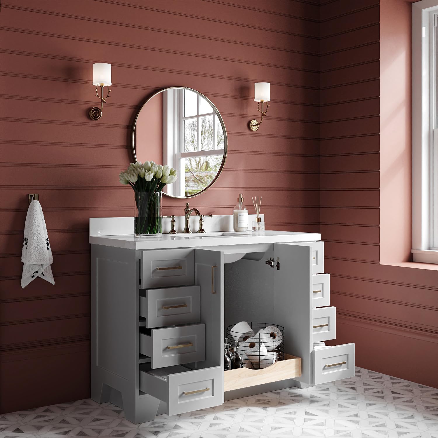 ARIEL Taylor 48-inch Bathroom Vanity with Sink,Solid Wood, 1.5-inch Pure White Quartz Countertop, Single Rectangular Porcelain Sink, 2 Soft Closing Doors, 9 Dovetail Drawers, Satin Brass, Grey