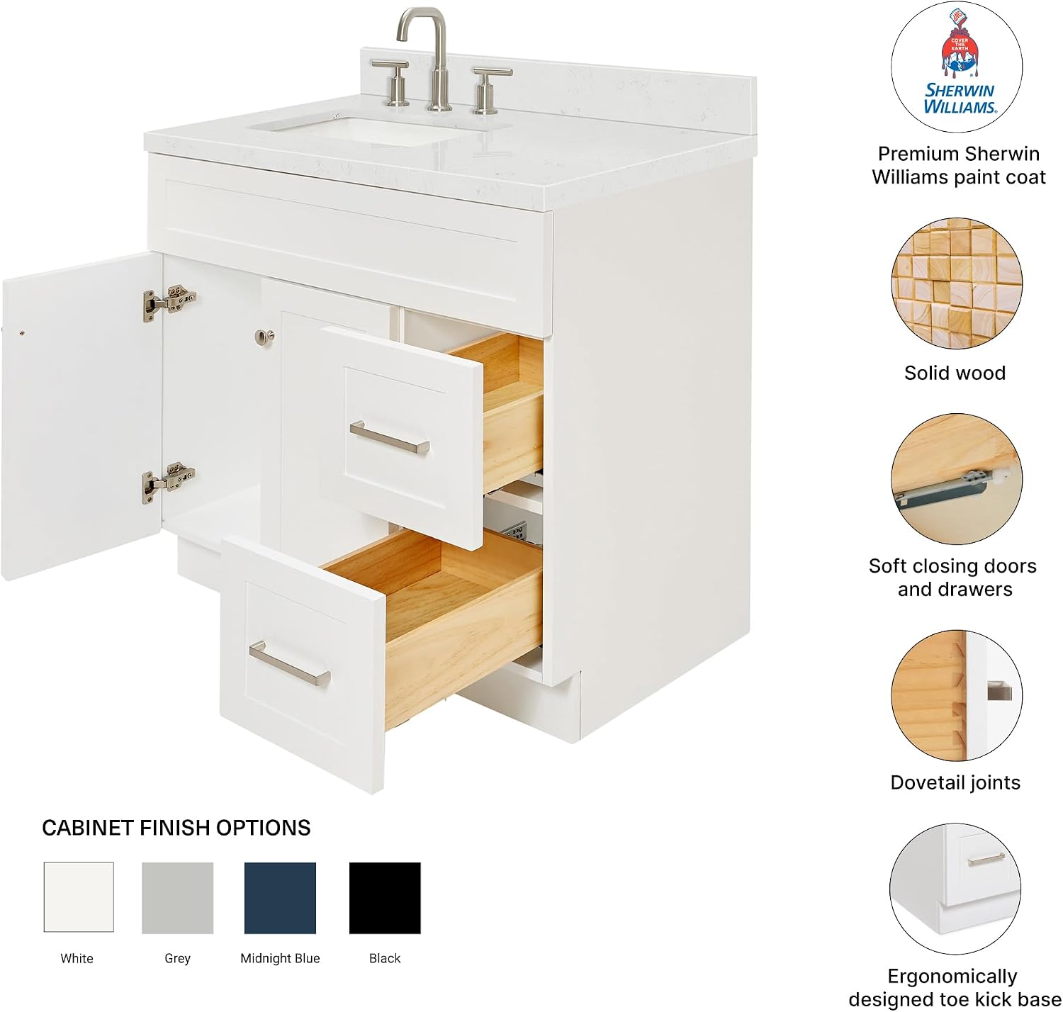 DKB Bradford 36' White Single Bathroom Vanity with Rectangular Undermount Sink, 1.5' Carrara Quartz Countertop, 2 Soft-Closing Doors, 2 Dovetail Drawers