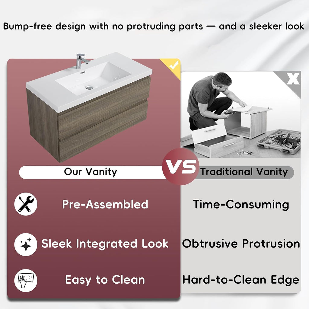 Neftis 42-Inch Floating Vanity with Sink, Pre-Assembled Modern Bathroom Vanity Sink Combo with Storage, Soft-Closing Drawers, One-piece Countertop White Resin Sink, Ash Grey Vanity for Bathroom