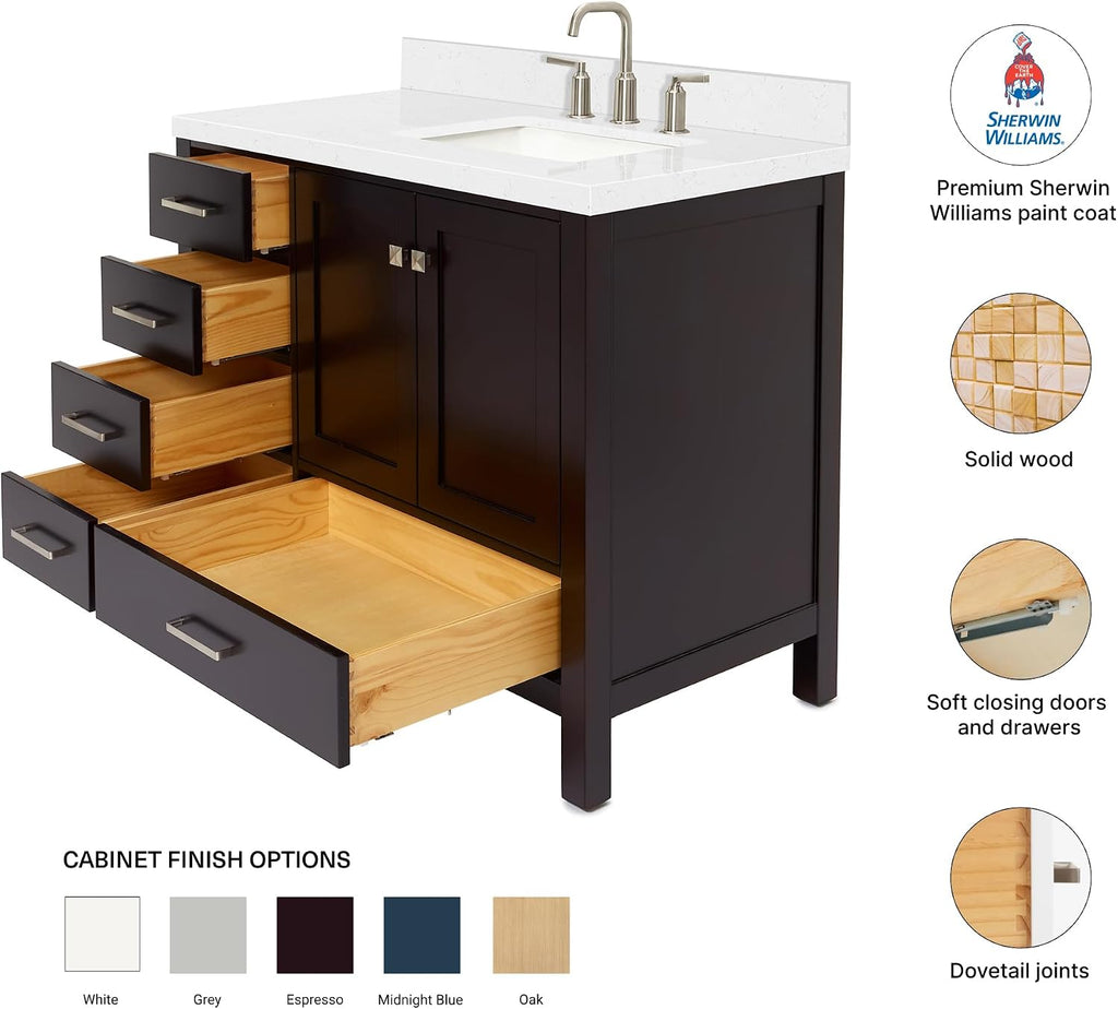 DKB Beckford 42' Espresso Single Bathroom Vanity with Sink, Solid Wood Frame, 1.5' Carrara White Quartz Countertop, Rectangular Undermount Sink, 2 Soft Closing Doors, 5 Dovetail Drawers