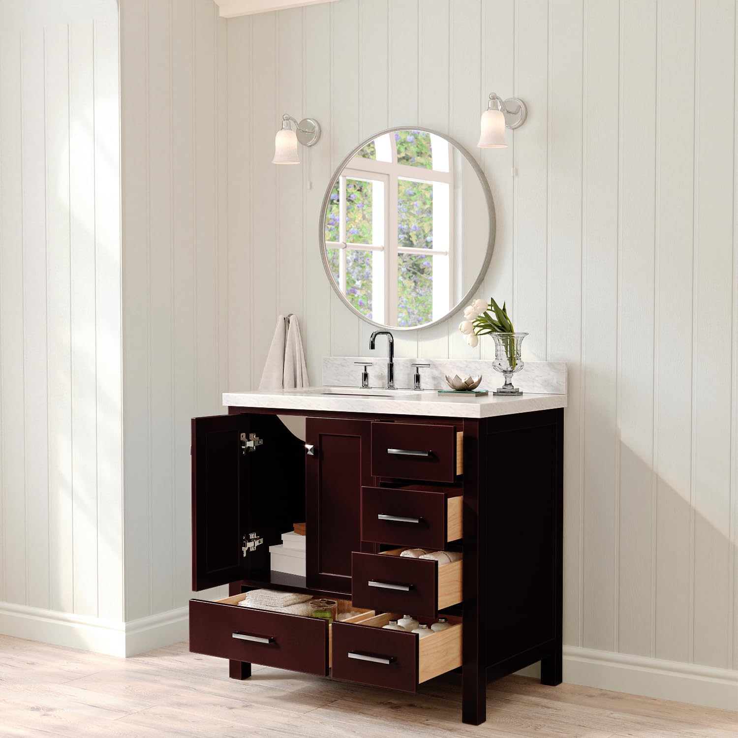 ARIEL Cambridge 36-inch Bathroom Vanity with Sink,Solid Wood, 1.5-inch Italian Carrara Marble Countertop, Single Rectangular Porcelain Sink, 2 Soft Closing Doors, 5 Dovetail Drawers, Espresso