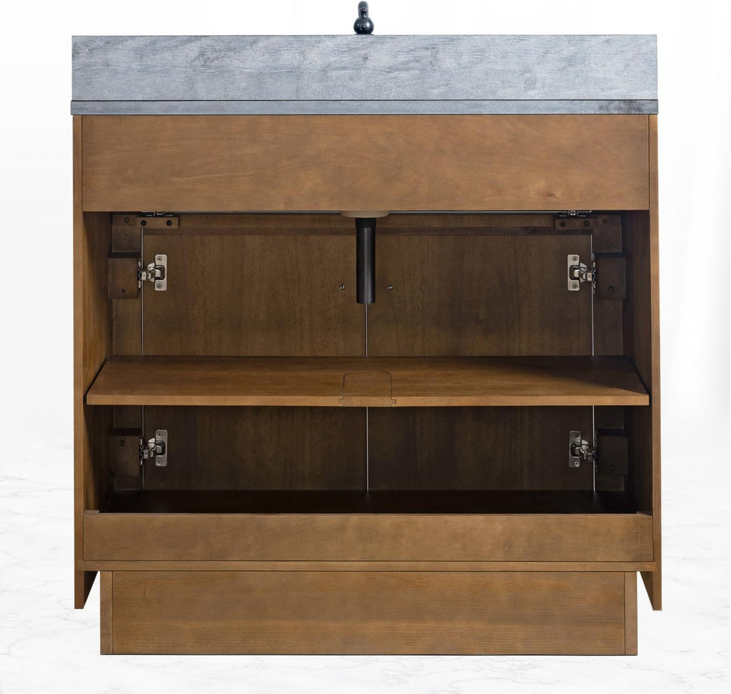 HOMEBEYOND 36' Bathroom Vanity with Single Sink & Ceramic Top, MDF Material Vanity Cabinet with Basin Combo, Soft-Closing Doors, Removable Shelf, Backsplash, Tan