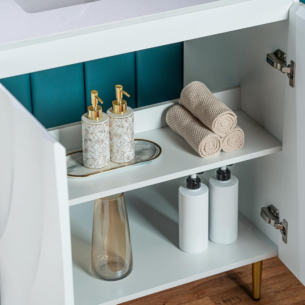 Woodbridge 60'x22' Bathroom Vanity with Double Ceramic Undermount Sinks, White Engineered Stone Top,3D Wave Pattern Cabinet Doors, Sleek Thin Legs,Glossy White Finish for a Clean, Modern Look