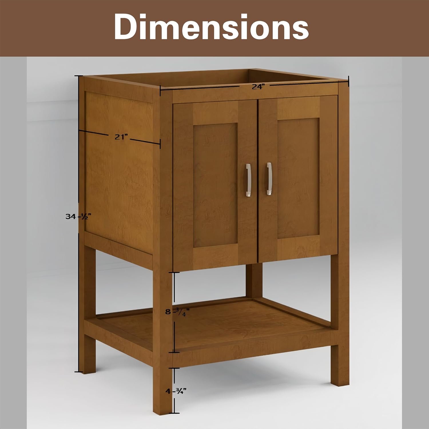 24' Bathroom Vanity Base – Freestanding Solid Wood Cabinet with Open Shelf, Soft-Close Doors, Natural Wood Finish, Sink Base Cabinet Only (No Top)