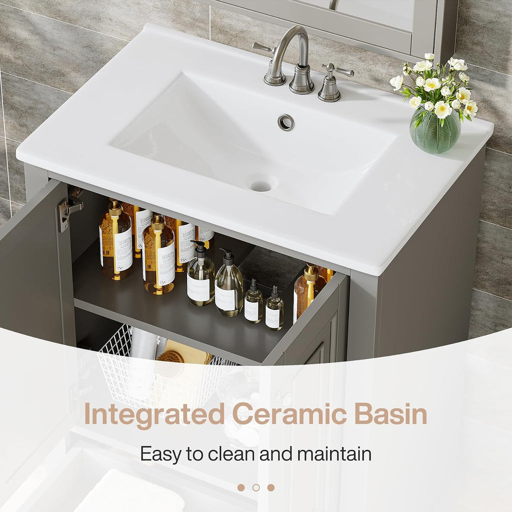 Tribesigns 24' Bathroom Vanity with Ceramic Sink Combo, Freestanding Bathroom vanities Storage Cabinet with 2 Doors & 1 Drawer, Solid Wooden Frame & Coated Surface, Metal Handle (Grey, 24 Inch)