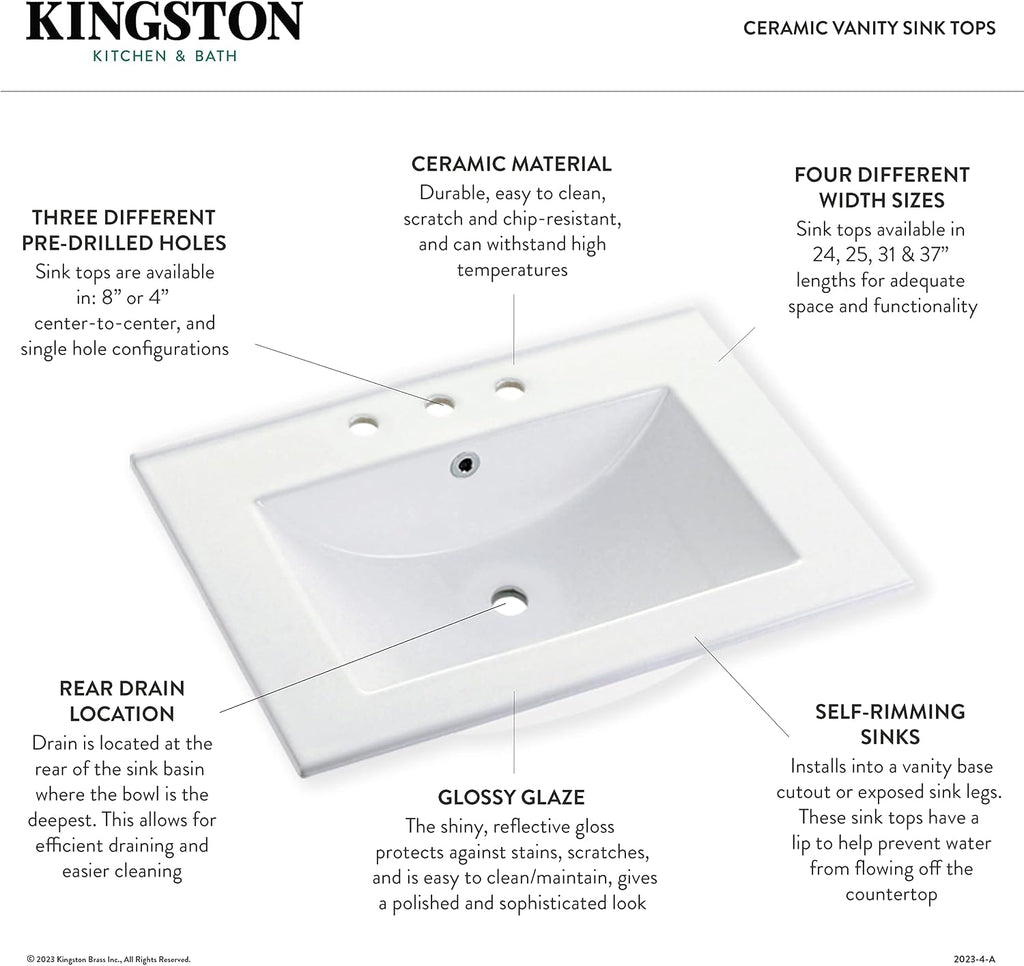 Kingston Brass LBT372271 Continental 37-Inch Ceramic Vanity Sink Top (1 Hole) in White