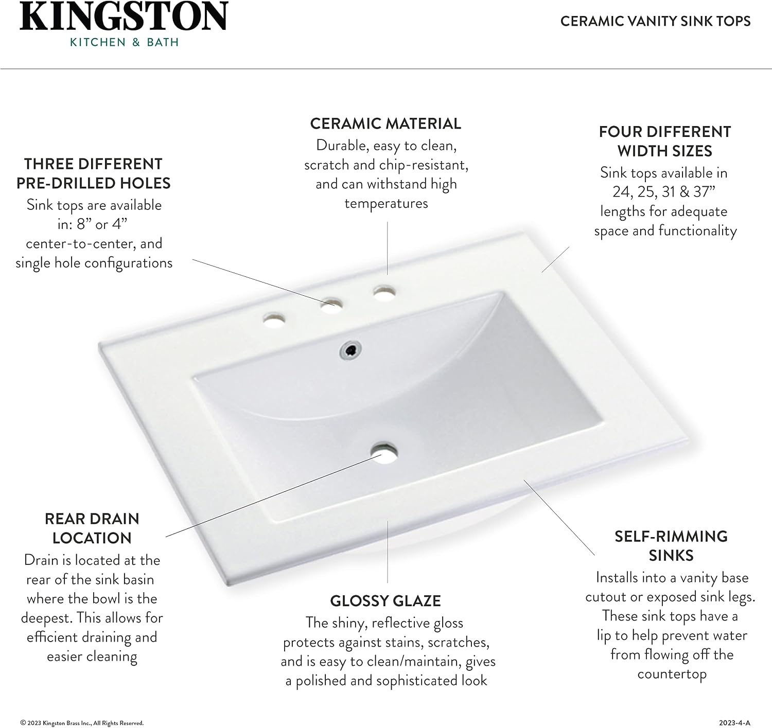 Kingston Brass LBT372271 Continental 37-Inch Ceramic Vanity Sink Top (1 Hole) in White