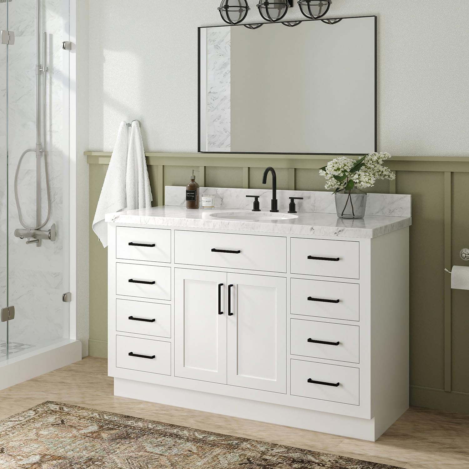 ARIEL Hepburn 54-inch Bathroom Vanity with Sink,Solid Wood, 1.5-inch Italian Carrara Marble Countertop & Backsplash, Single Oval Porcelain Sink, 2 Soft Closing Doors, 9 Dovetail Drawers, White