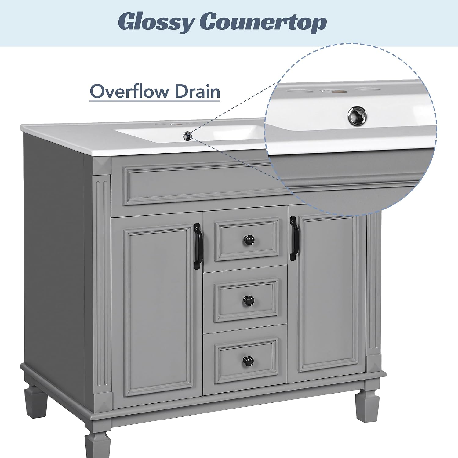 Linique 36' Bathroom Vanity with Top Sink,Bathroom Storage Cabinet with 2 Soft Closing Doors and 3 Storage Drawers,Modern Single Sink Bathroom Vanity(Gray)