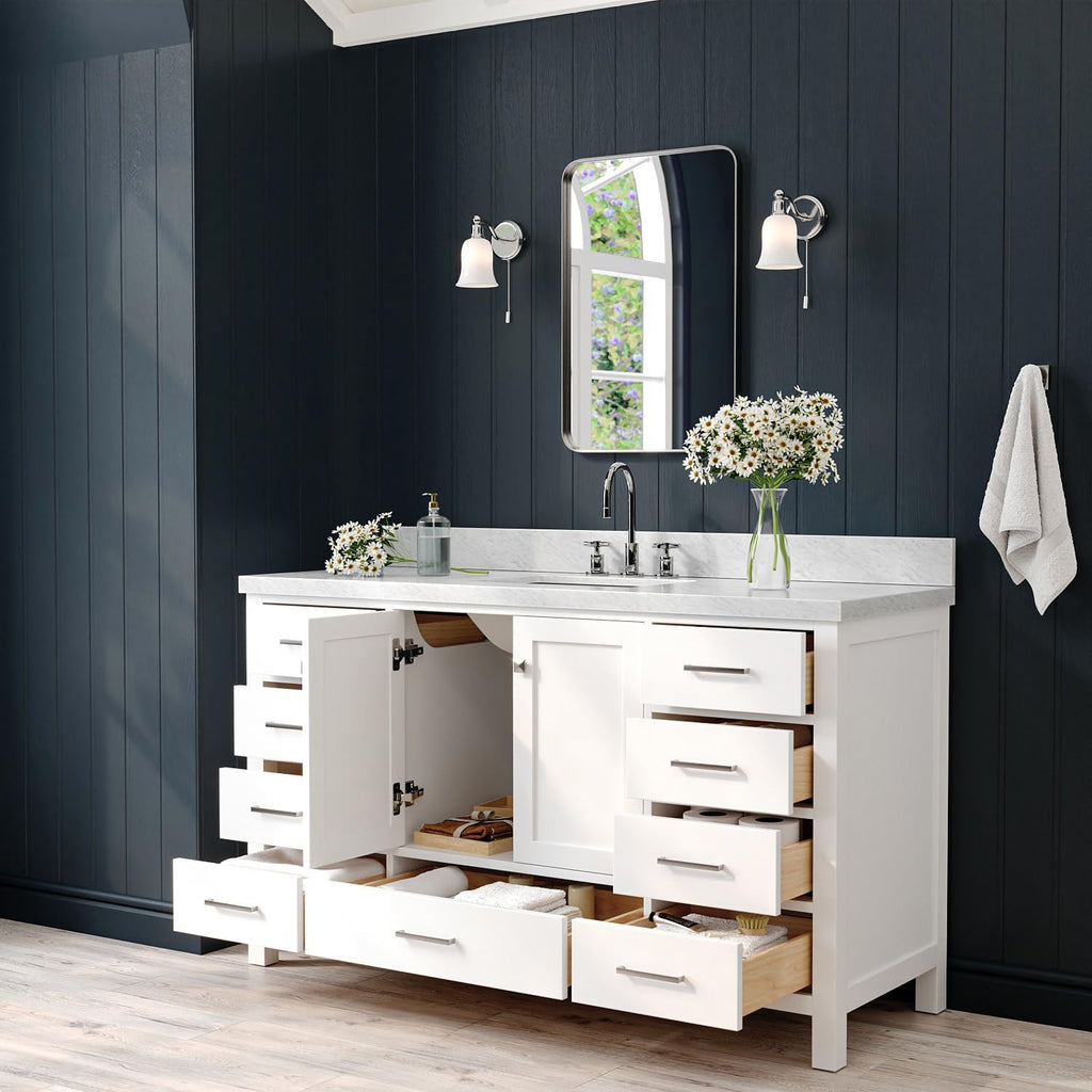 ARIEL Cambridge 60-inch Bathroom Vanity with Sink,Solid Wood, 1.5-inch Italian Carrara Marble Countertop, Single Rectangular Porcelain Sink, 2 Soft Closing Doors, 9 Dovetail Drawers, White