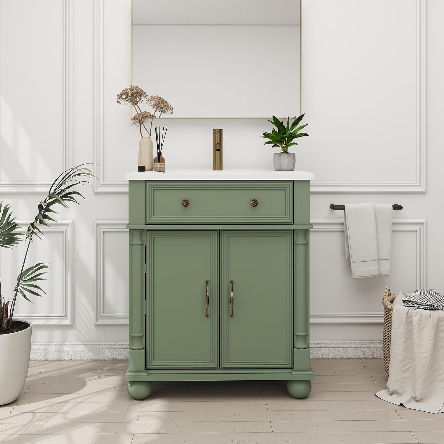 28' Vintage Bathroom Vanity with Ceramic Sink Mid-Century Bathroom Vanity with Tilt-out Drawer & Storage Cabinet with Adjustable Shelf Retro Sink Vanity with Roman Column Base & Metal Handle,Green